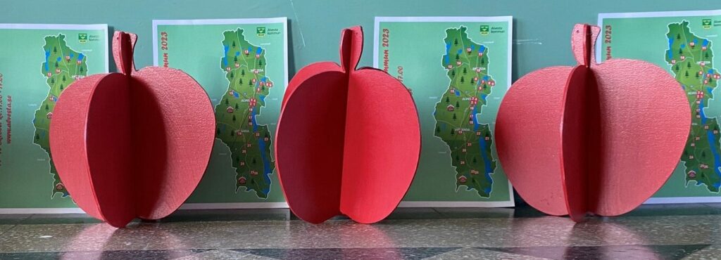 Hantverkade röda äpplen som står längs med en ljusblå vägg.