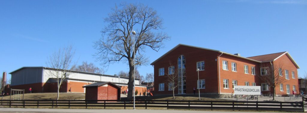 Översiktsbild över skolområdet. En tvåvåningsbyggnad i brunt tegel till höger, en större hall till vänster, gräsyta, staket och gatlyktor.