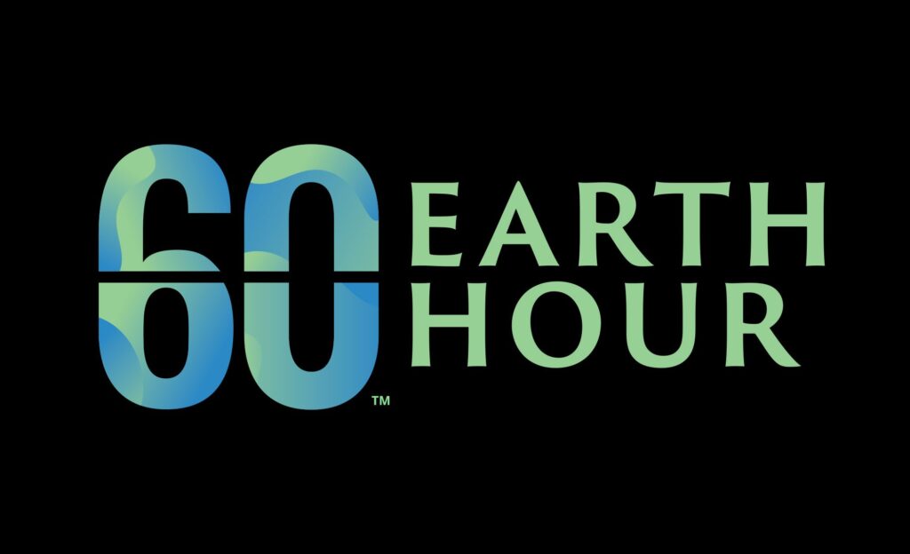 Svart bildruta med grönblå text som lyder: 60 Earth Hour.