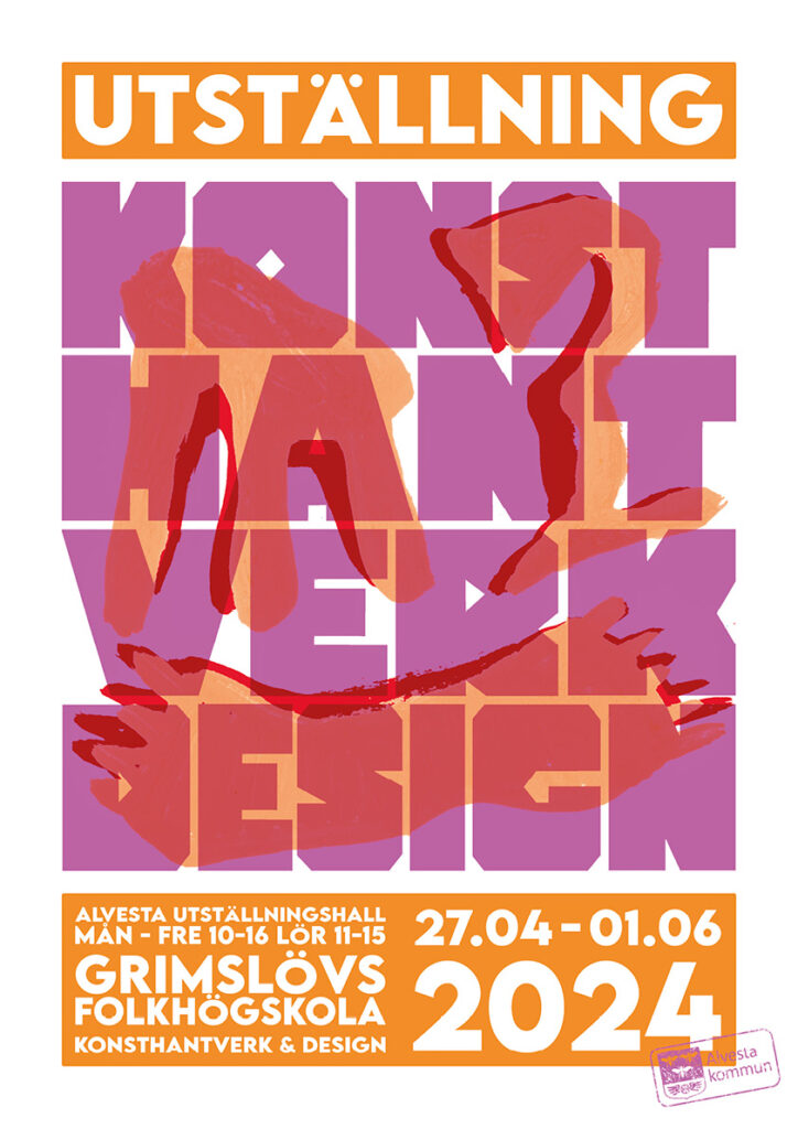 affischen för utställningen med text om utställningen i lila, orange och vitt.