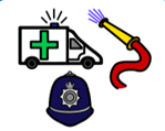 Illustration ambulans, brandslang och polishatt