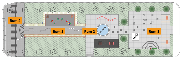 En illustration där man kan ser hur en park är utformad. Parken är uppdelad i 4 olika rum.