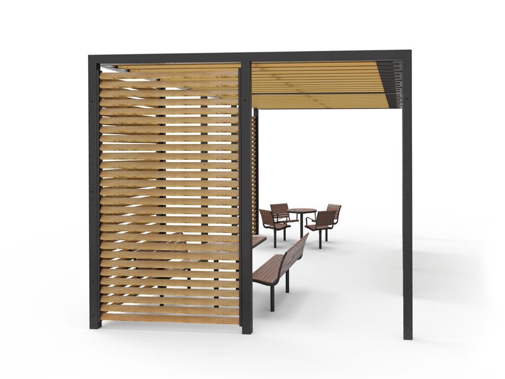 En pergola med träribbor på en kortsida, en långsida och i taket