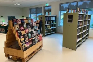 Ett bibliotek fyllt med massor av böcker bredvid ett fönster.