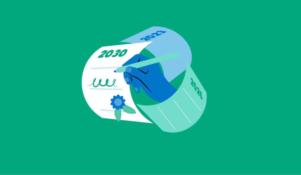 Grafiskt ritad bild av ett klimatkontrakt med årtalet 2030