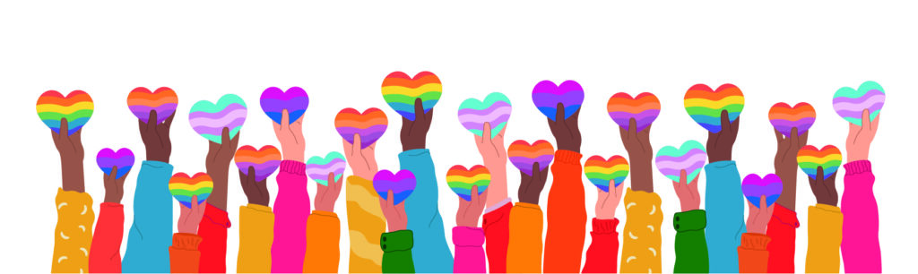 illustration av händer som håller upp hjärtan i pride-flaggans färger.