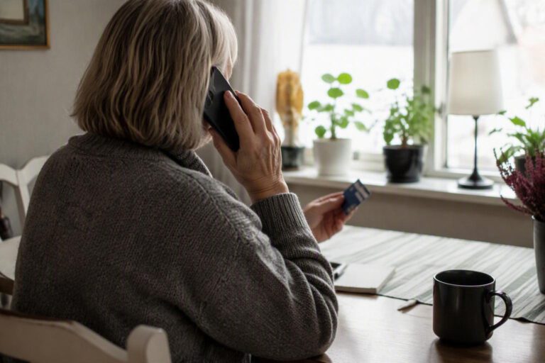 Kvinna i telefon hållande ett bankkort.