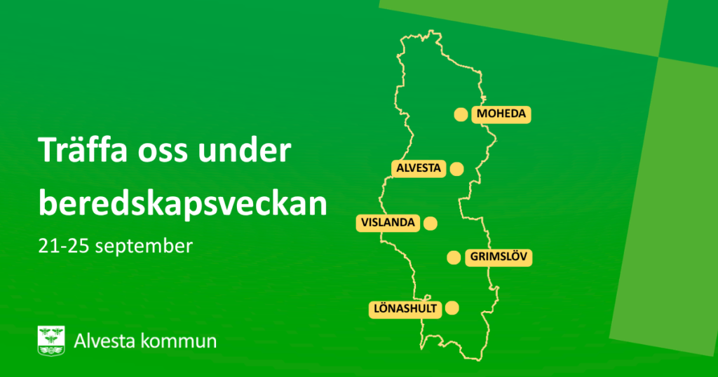 Grafisk bild med kommungränsen för Alvesta utritad, samt utsatta punkter för Moheda, Alvesta. Vislanda, Grimslöv och Lönashult.