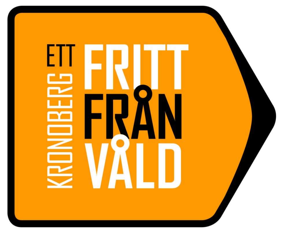 Logotyp i orange, vitt och svart, samt med texten "Ett Kronoberg fritt från våld".
